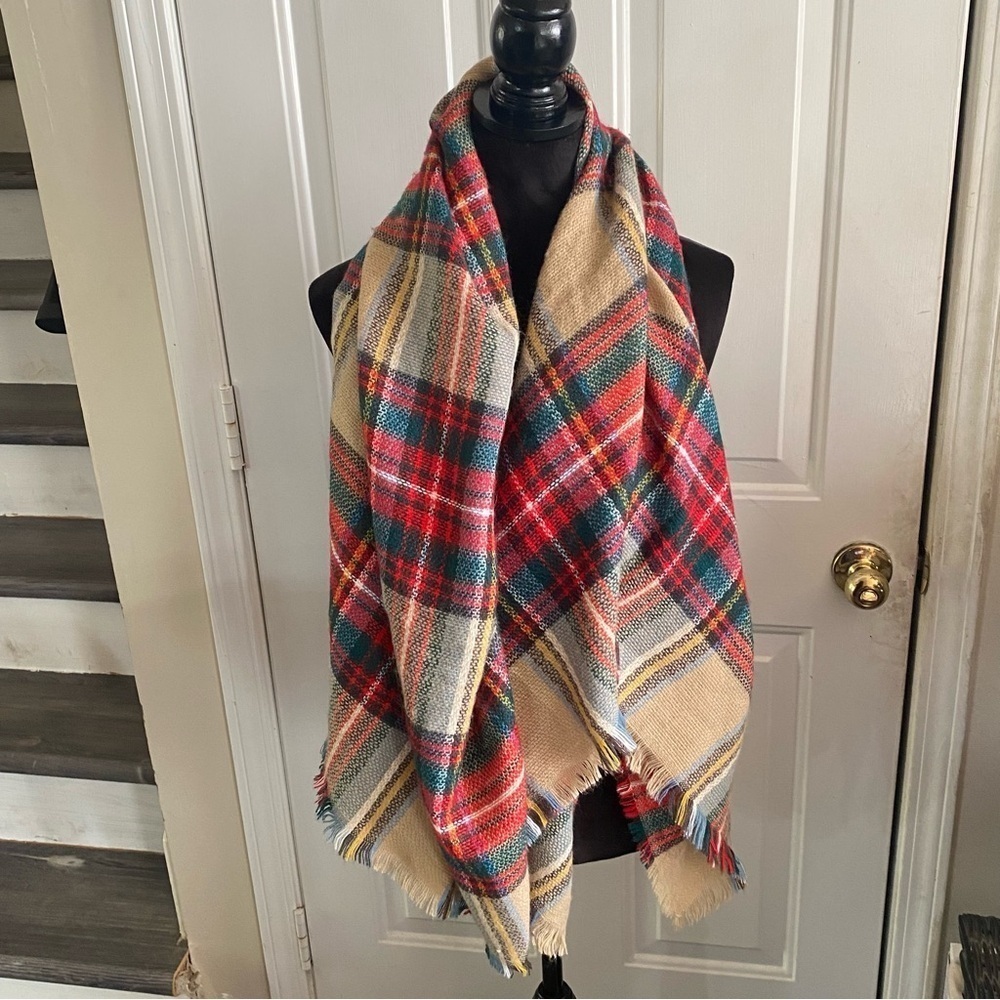 Essential Oversized Cabincore Plaid‎ Wrap Blanket Scarf Shawl Armhole FringeTrim